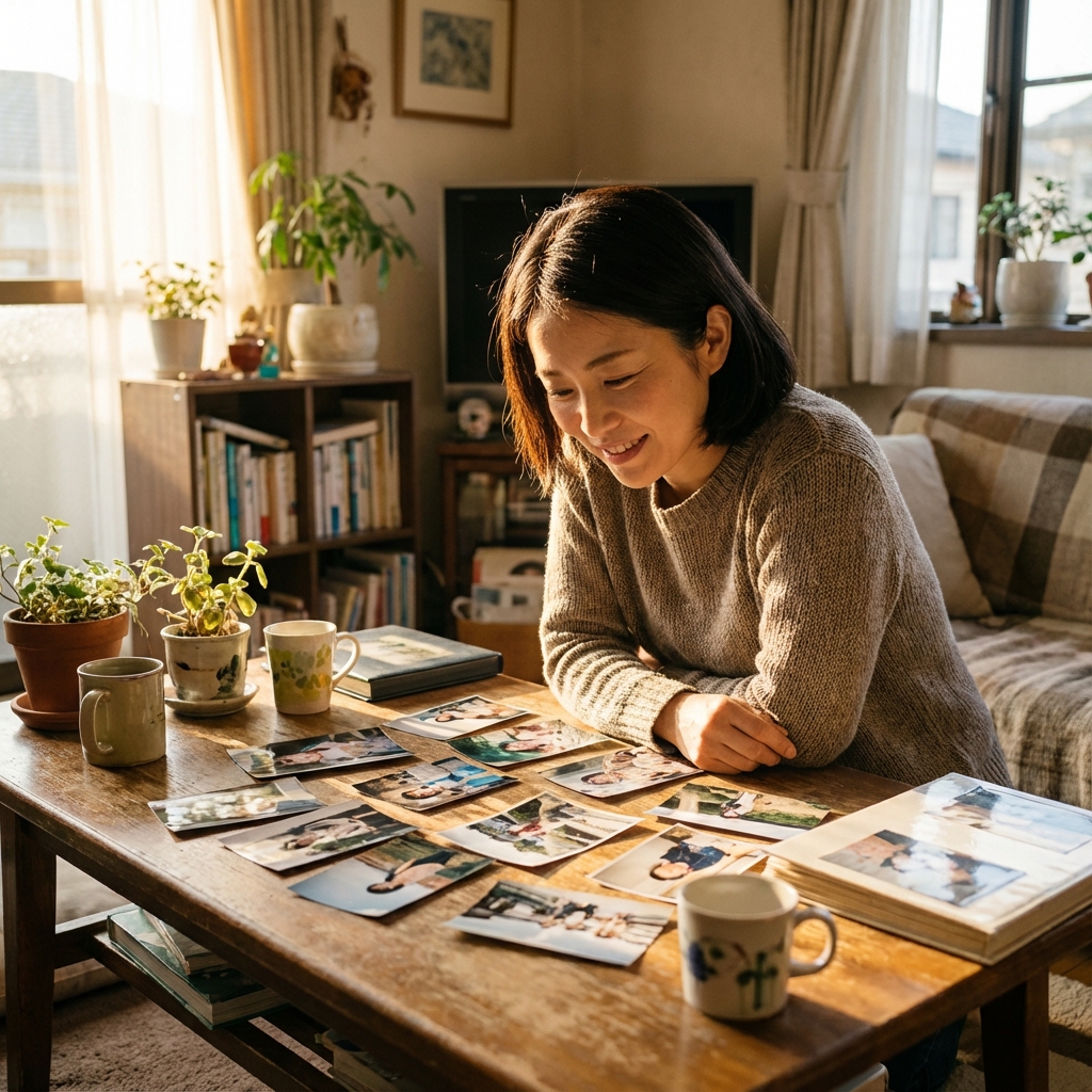 思い出の写真を見返して微笑む女性