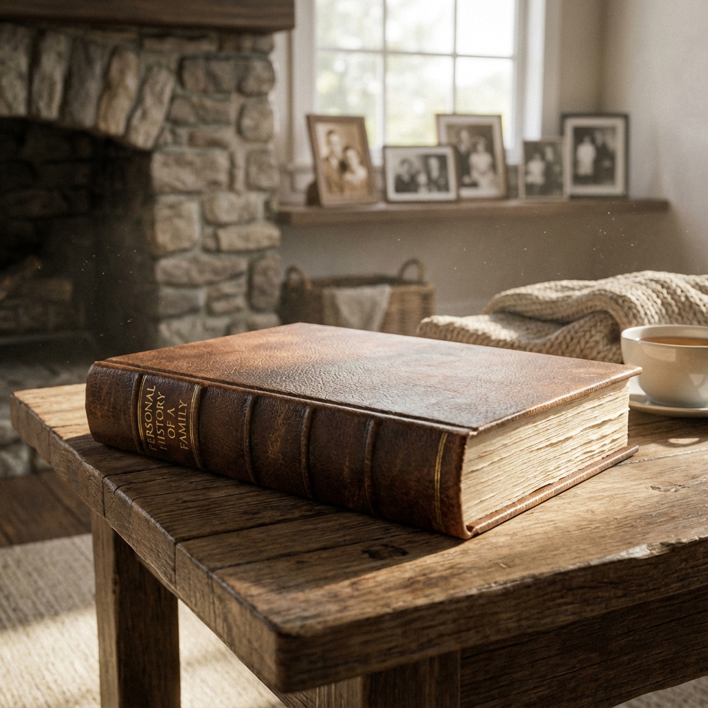 テーブルに置かれた自分史の本と、背景に飾られた思い出の写真